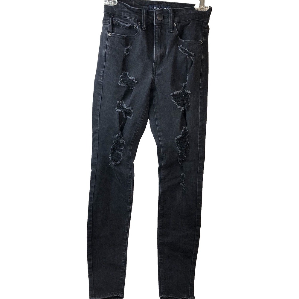 AéRopostale jeans women's size 0 black distressed high rise jegging's slim ankle
